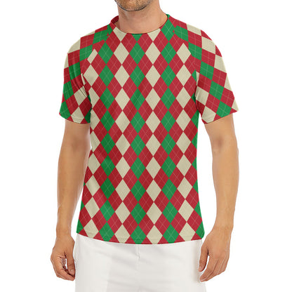 Christmas Themed Argyle Pattern Print Men's Short Sleeve Rash Guard