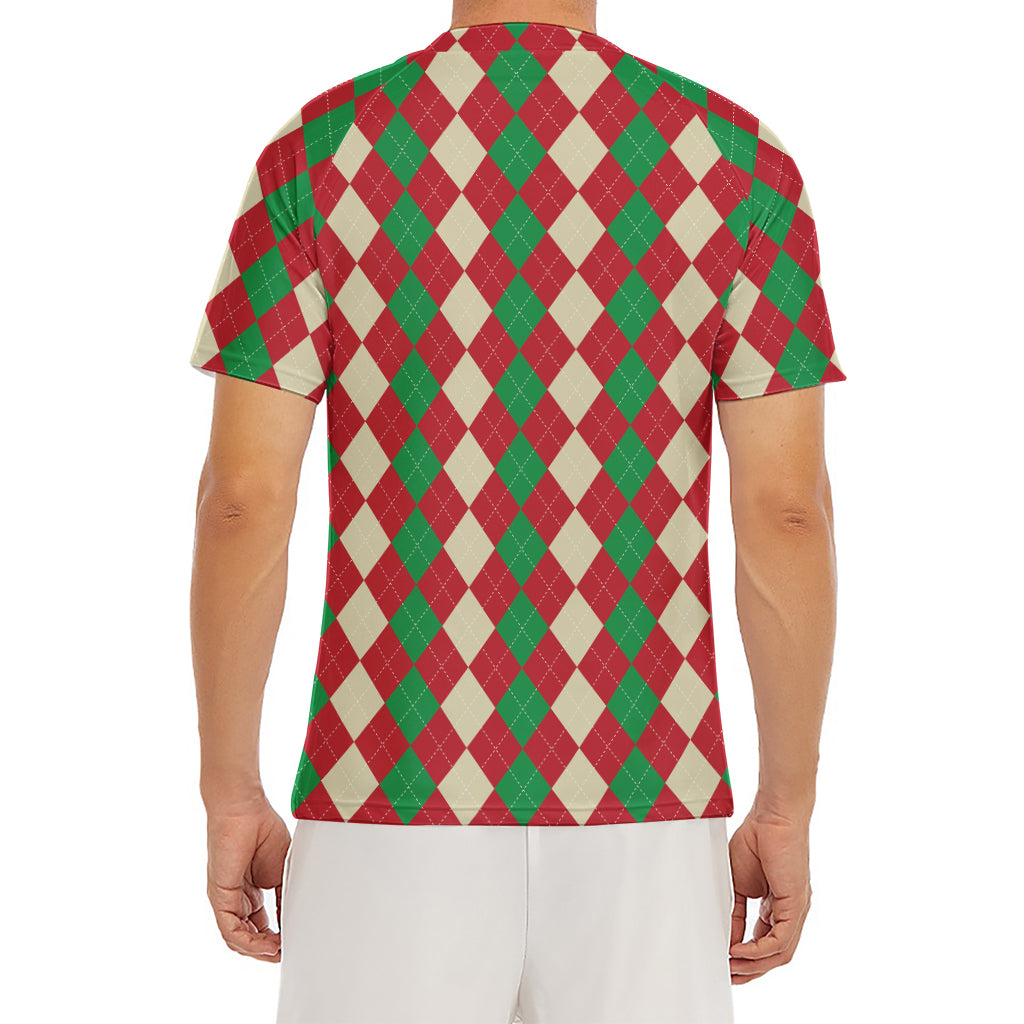 Christmas Themed Argyle Pattern Print Men's Short Sleeve Rash Guard