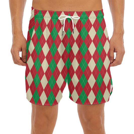 Christmas Themed Argyle Pattern Print Men's Split Running Shorts