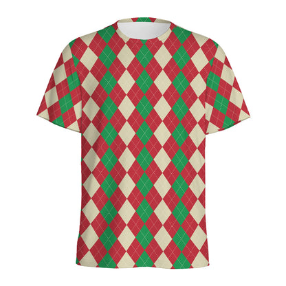 Christmas Themed Argyle Pattern Print Men's Sports T-Shirt