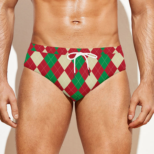 Christmas Themed Argyle Pattern Print Men's Swim Briefs