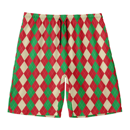 Christmas Themed Argyle Pattern Print Men's Swim Trunks