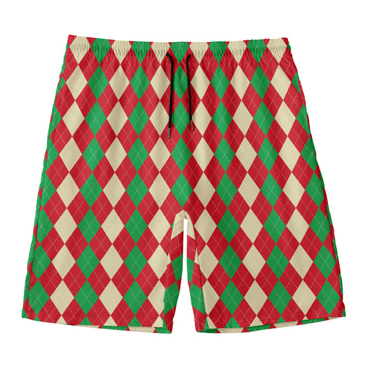 Christmas Themed Argyle Pattern Print Men's Swim Trunks