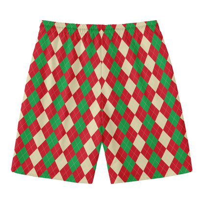 Christmas Themed Argyle Pattern Print Men's Swim Trunks