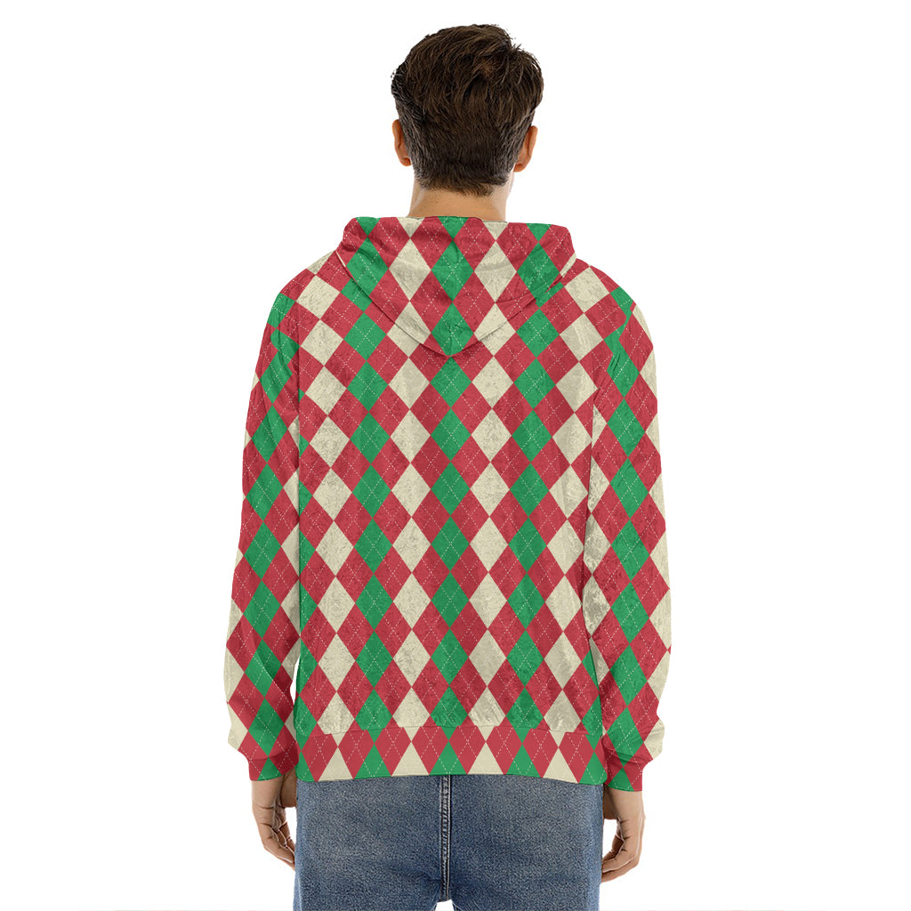 Christmas Themed Argyle Pattern Print Men's Velvet Pullover Hoodie