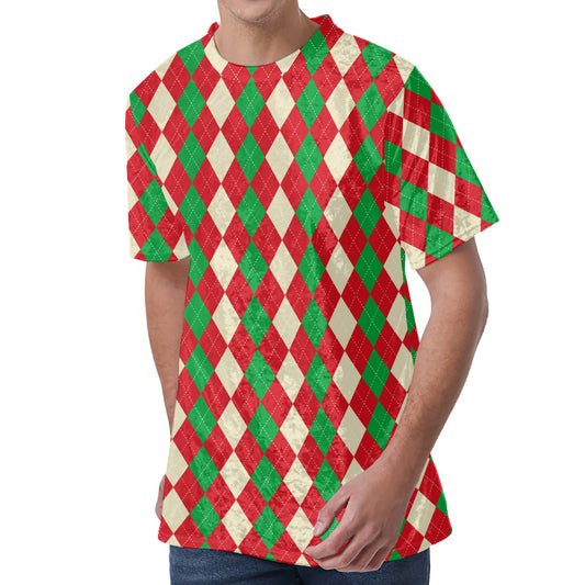 Christmas Themed Argyle Pattern Print Men's Velvet T-Shirt
