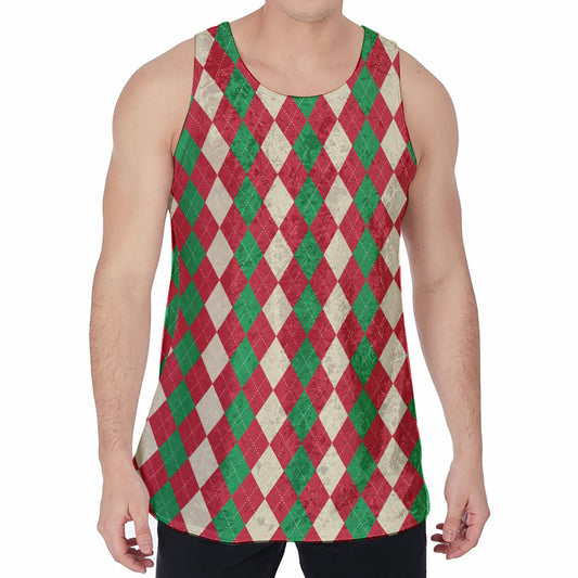 Christmas Themed Argyle Pattern Print Men's Velvet Tank Top
