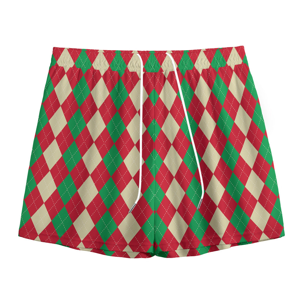 Christmas Themed Argyle Pattern Print Mesh Shorts