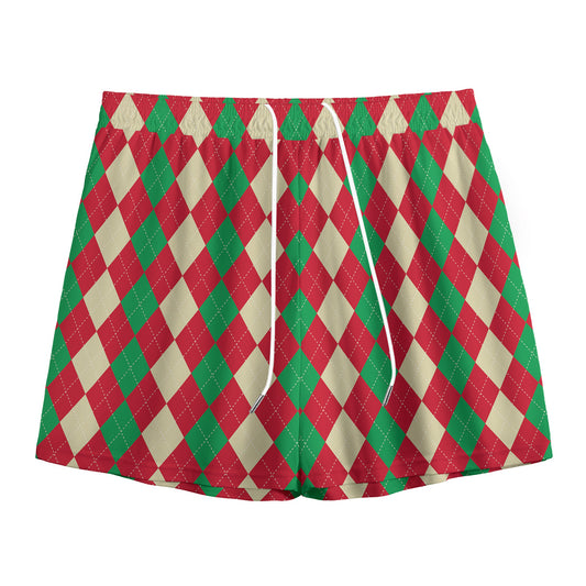 Christmas Themed Argyle Pattern Print Mesh Shorts