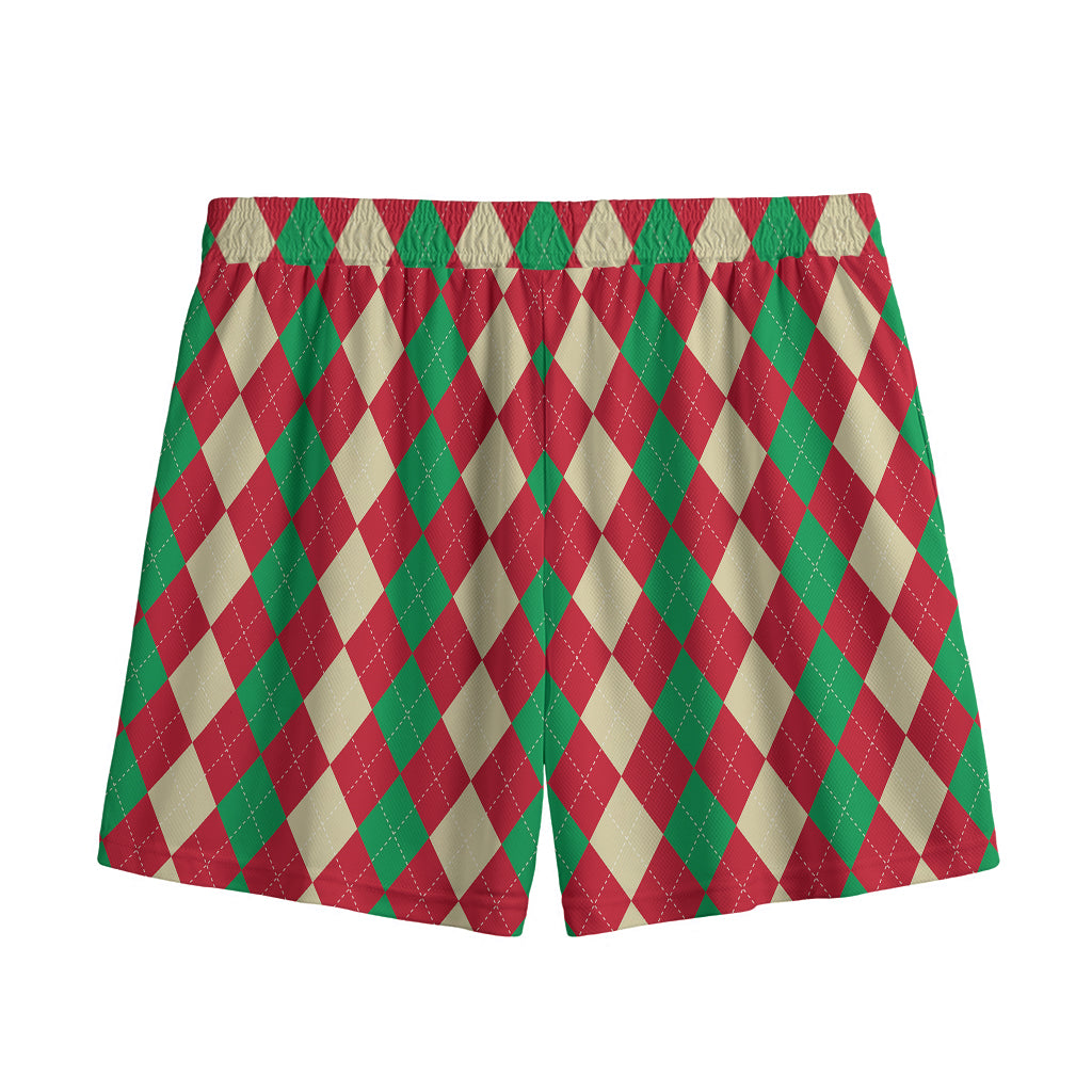 Christmas Themed Argyle Pattern Print Mesh Shorts