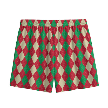 Christmas Themed Argyle Pattern Print Mesh Shorts