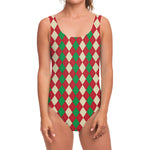Christmas Themed Argyle Pattern Print One Piece Swimsuit