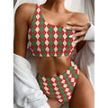 Christmas Themed Argyle Pattern Print One Shoulder Bikini Set