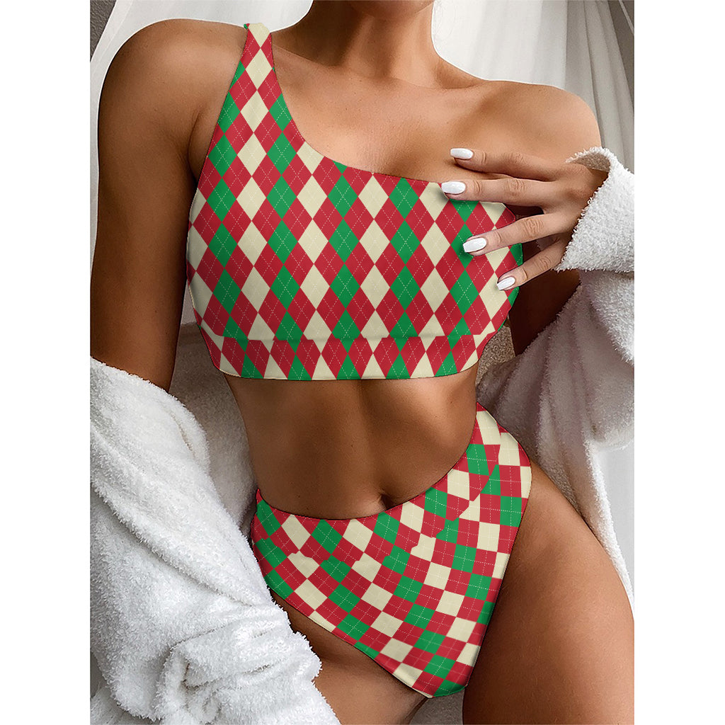 Christmas Themed Argyle Pattern Print One Shoulder Bikini Top