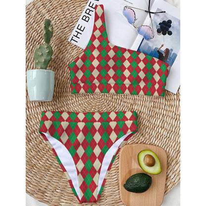 Christmas Themed Argyle Pattern Print One Shoulder Bikini Top