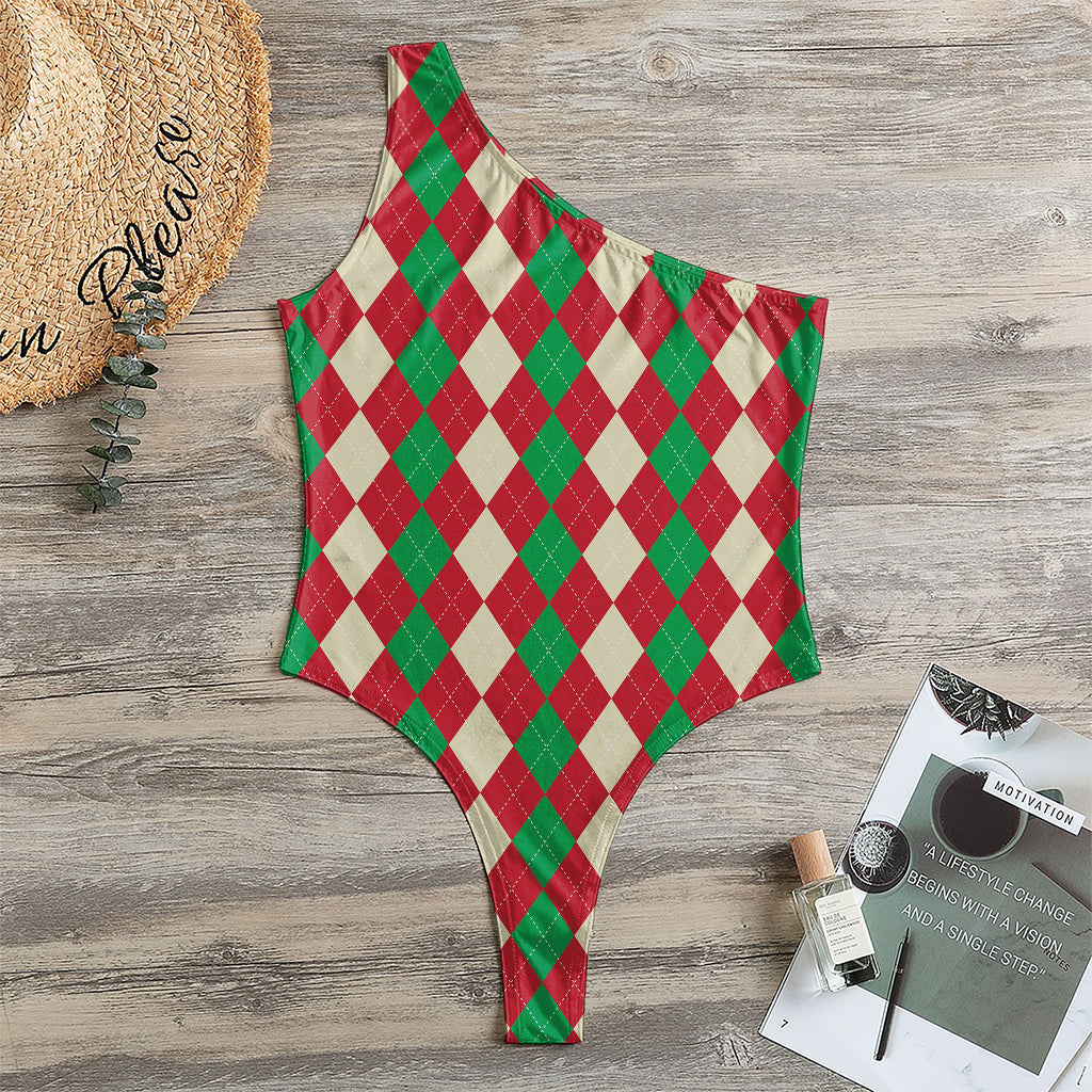 Christmas Themed Argyle Pattern Print One Shoulder Bodysuit