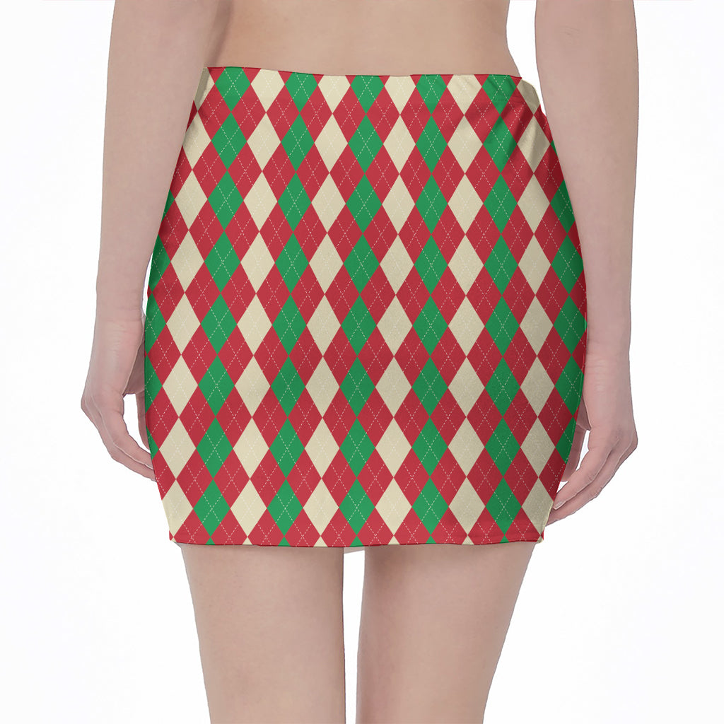 Christmas Themed Argyle Pattern Print Pencil Mini Skirt