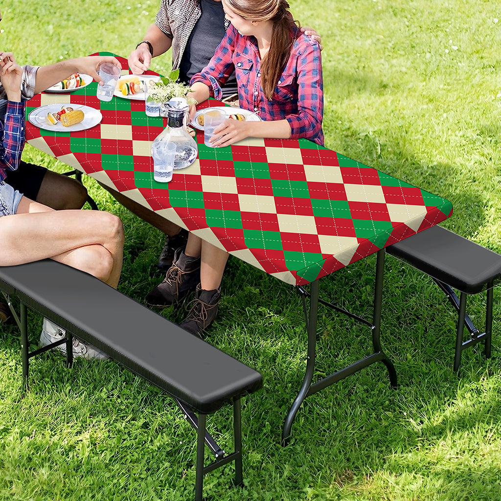 Christmas Themed Argyle Pattern Print Picnic Table Cover