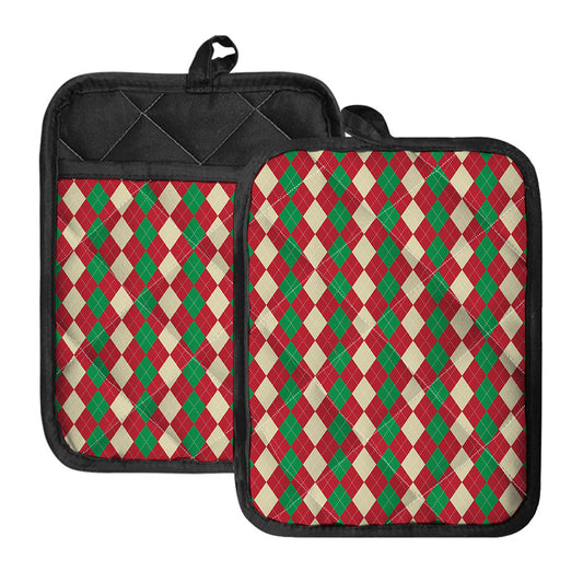 Christmas Themed Argyle Pattern Print Pot Holders With Pocket
