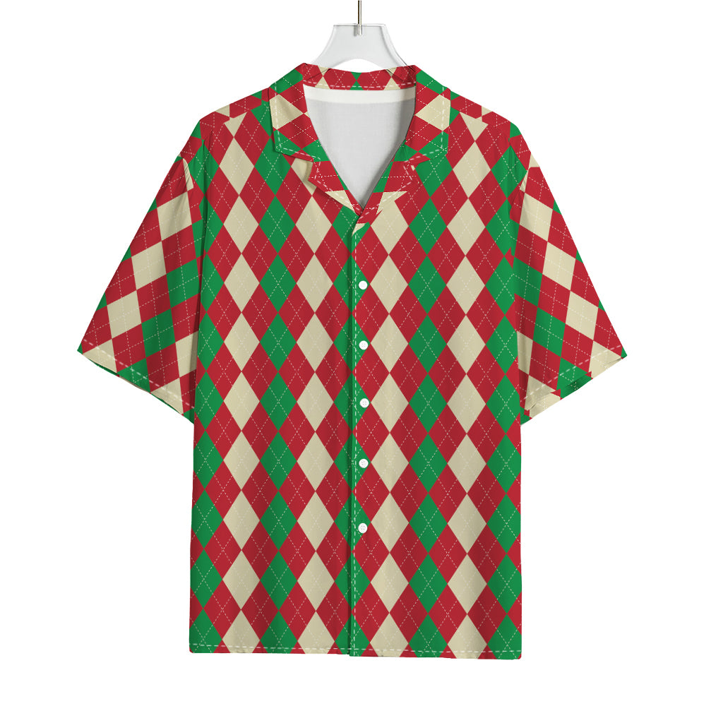 Christmas Themed Argyle Pattern Print Rayon Hawaiian Shirt