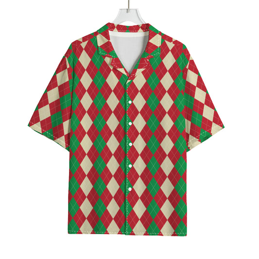 Christmas Themed Argyle Pattern Print Rayon Hawaiian Shirt