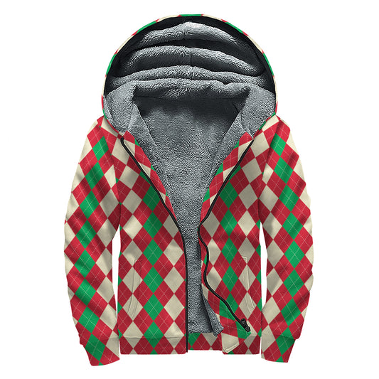 Christmas Themed Argyle Pattern Print Sherpa Lined Zip Up Hoodie