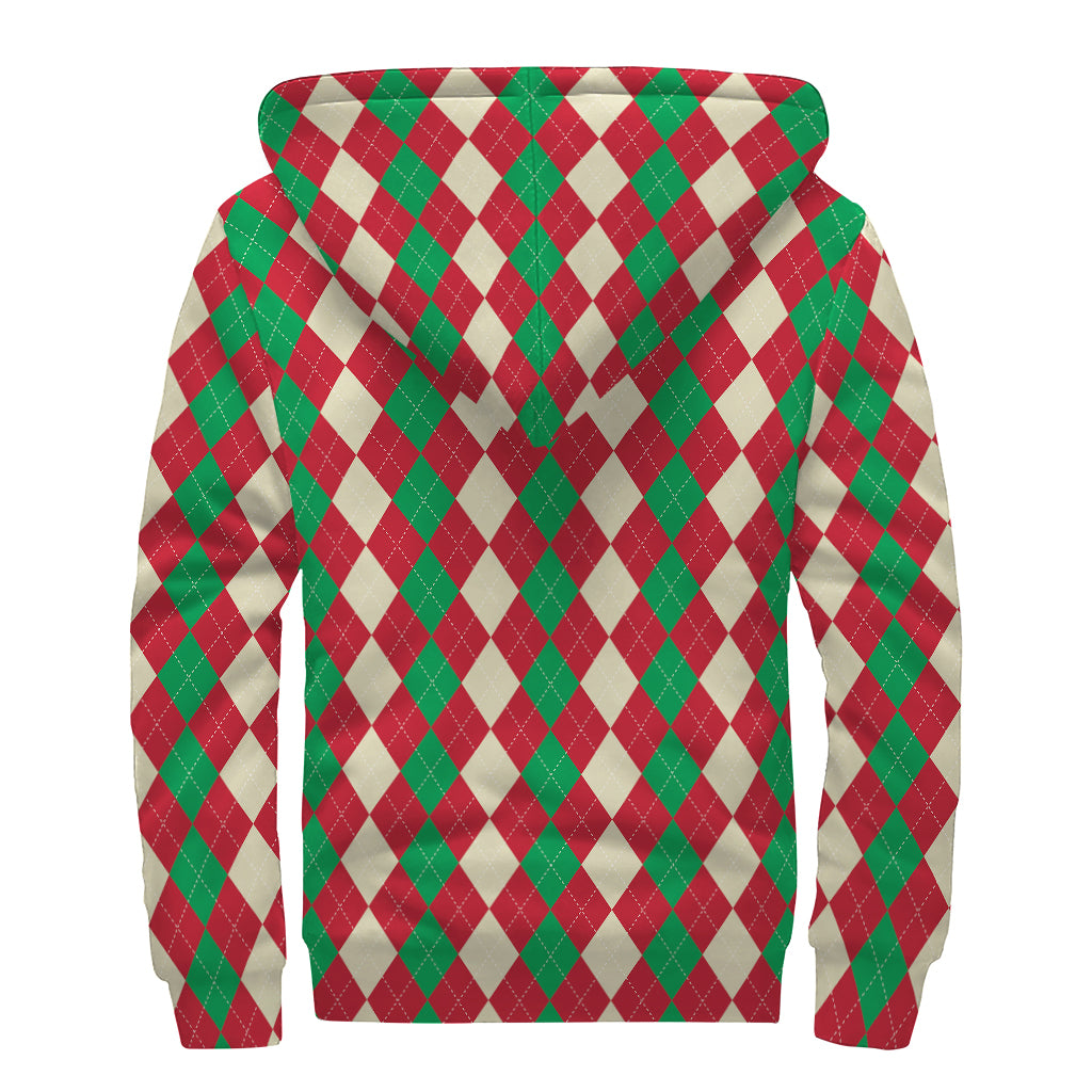 Christmas Themed Argyle Pattern Print Sherpa Lined Zip Up Hoodie