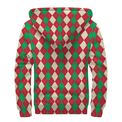 Christmas Themed Argyle Pattern Print Sherpa Lined Zip Up Hoodie