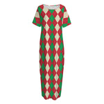 Christmas Themed Argyle Pattern Print Short Sleeve Long Nightdress