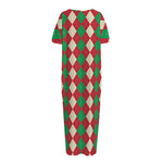 Christmas Themed Argyle Pattern Print Short Sleeve Long Nightdress