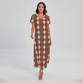 Christmas Themed Argyle Pattern Print Short Sleeve Maxi Dress