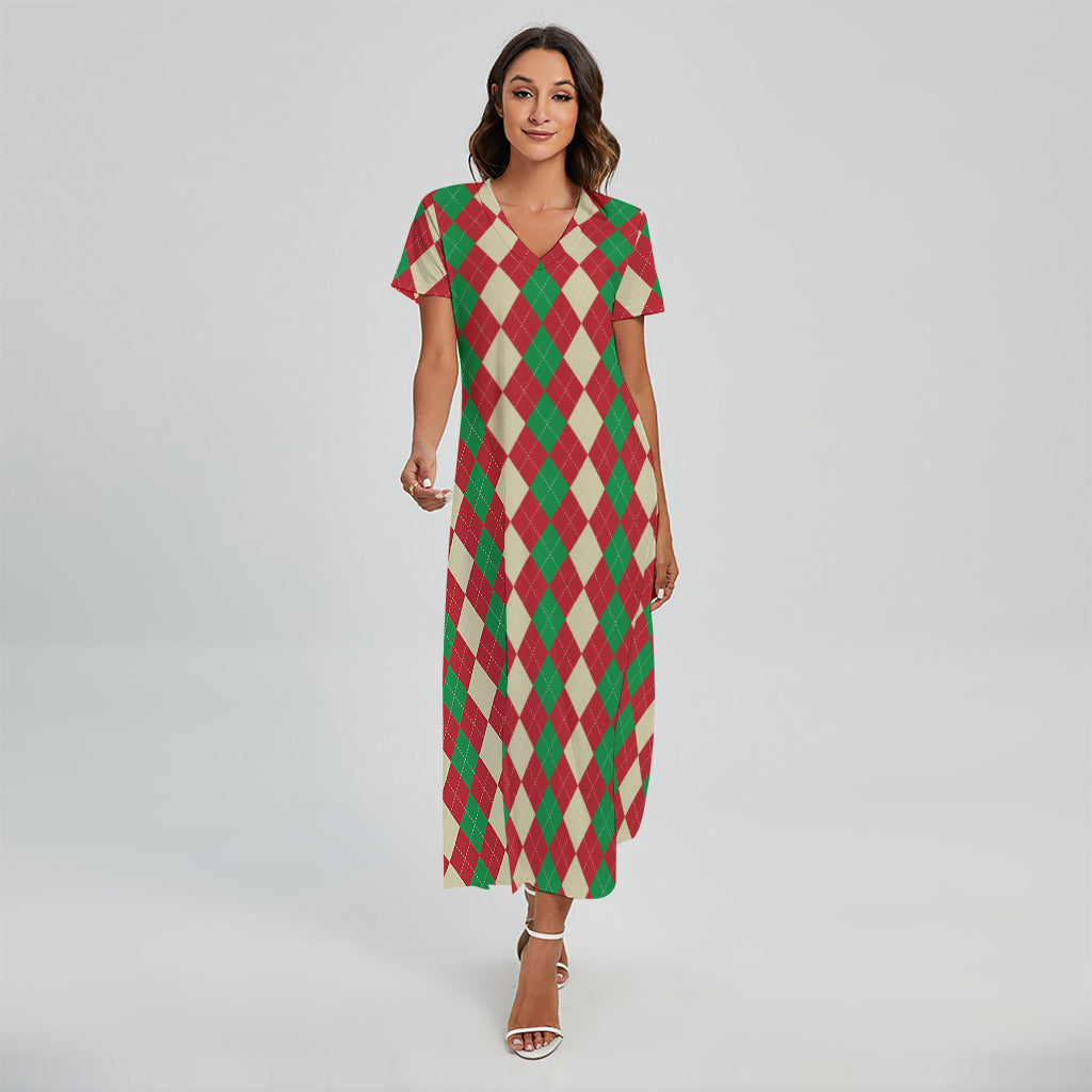 Christmas Themed Argyle Pattern Print Short Sleeve Maxi Dress