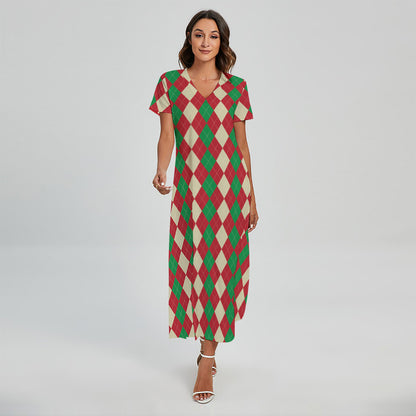Christmas Themed Argyle Pattern Print Short Sleeve Maxi Dress