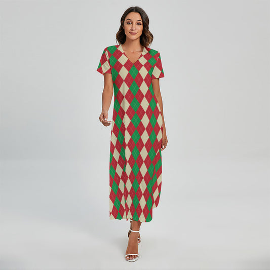 Christmas Themed Argyle Pattern Print Short Sleeve Maxi Dress
