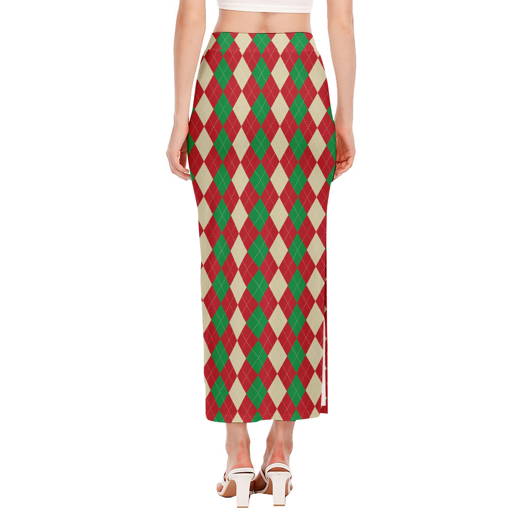 Christmas Themed Argyle Pattern Print Side Slit Maxi Skirt