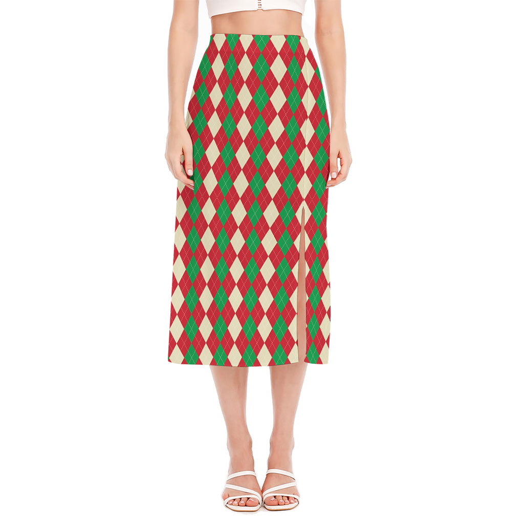 Christmas Themed Argyle Pattern Print Side Slit Midi Skirt