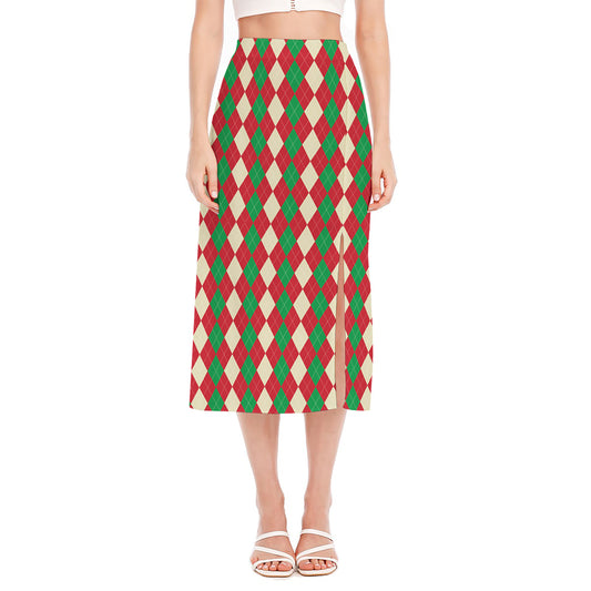 Christmas Themed Argyle Pattern Print Side Slit Midi Skirt