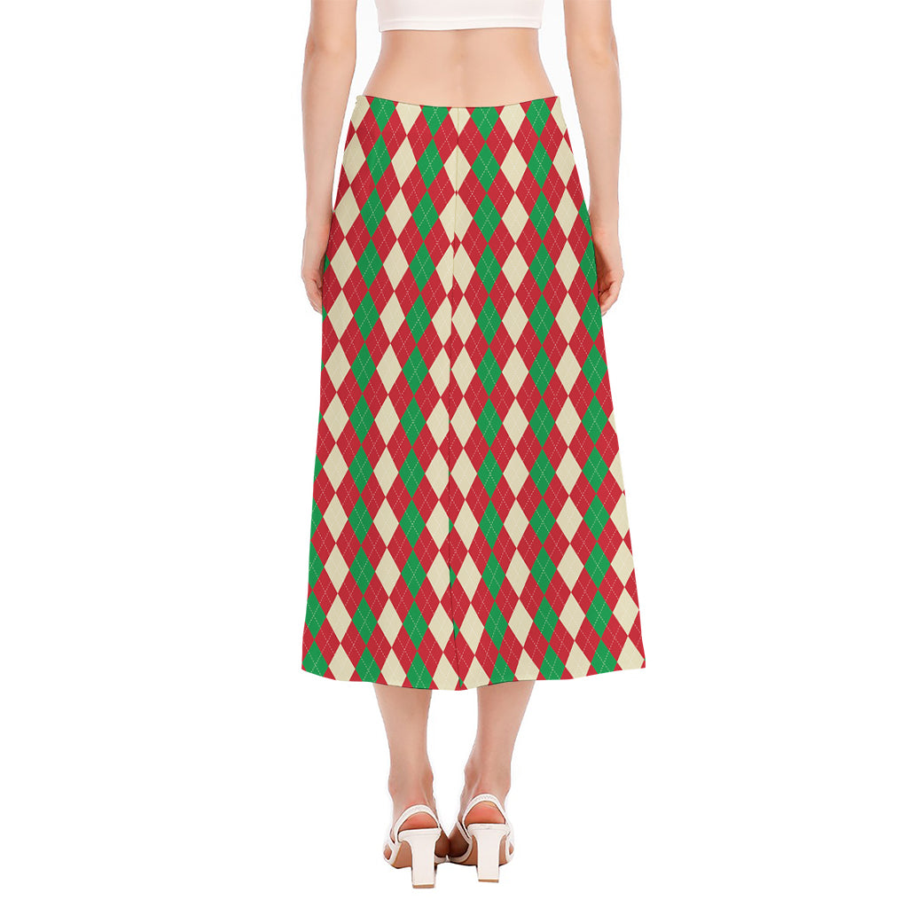 Christmas Themed Argyle Pattern Print Side Slit Midi Skirt