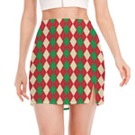 Christmas Themed Argyle Pattern Print Side Slit Mini Skirt