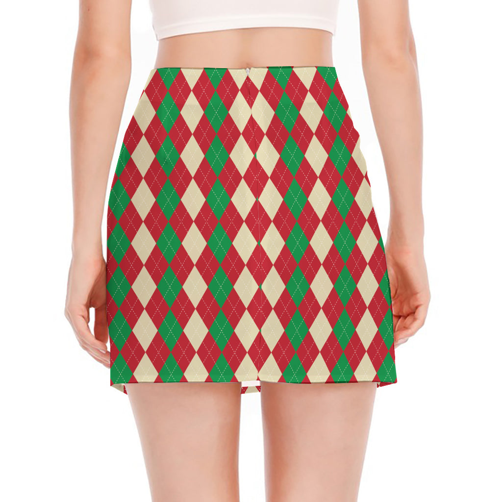 Christmas Themed Argyle Pattern Print Side Slit Mini Skirt