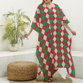 Christmas Themed Argyle Pattern Print Silk V-Neck Kaftan Dress