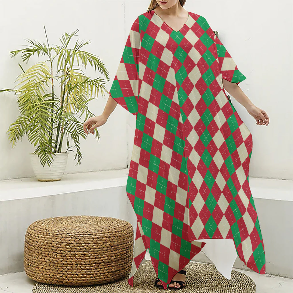 Christmas Themed Argyle Pattern Print Silk V-Neck Kaftan Dress