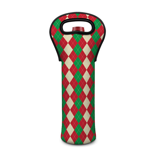Christmas Themed Argyle Pattern Print Single Neoprene Wine Tote