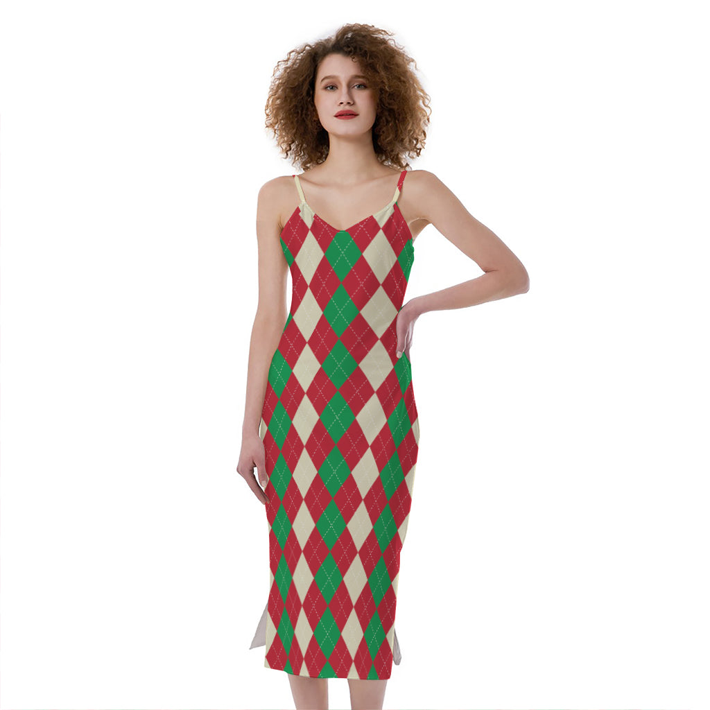 Christmas Themed Argyle Pattern Print Slim Fit Midi Cami Dress