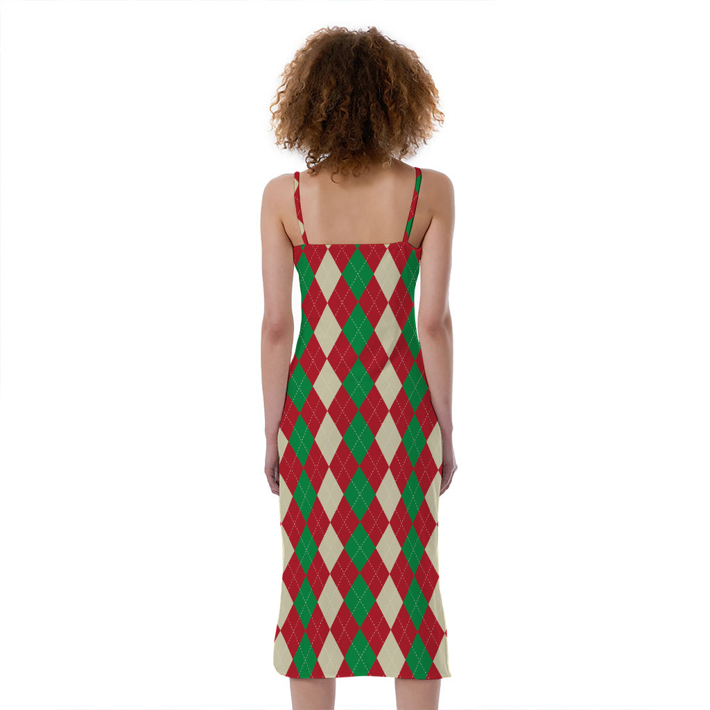 Christmas Themed Argyle Pattern Print Slim Fit Midi Cami Dress