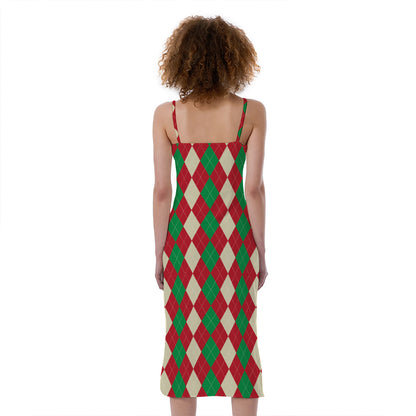 Christmas Themed Argyle Pattern Print Slim Fit Midi Cami Dress