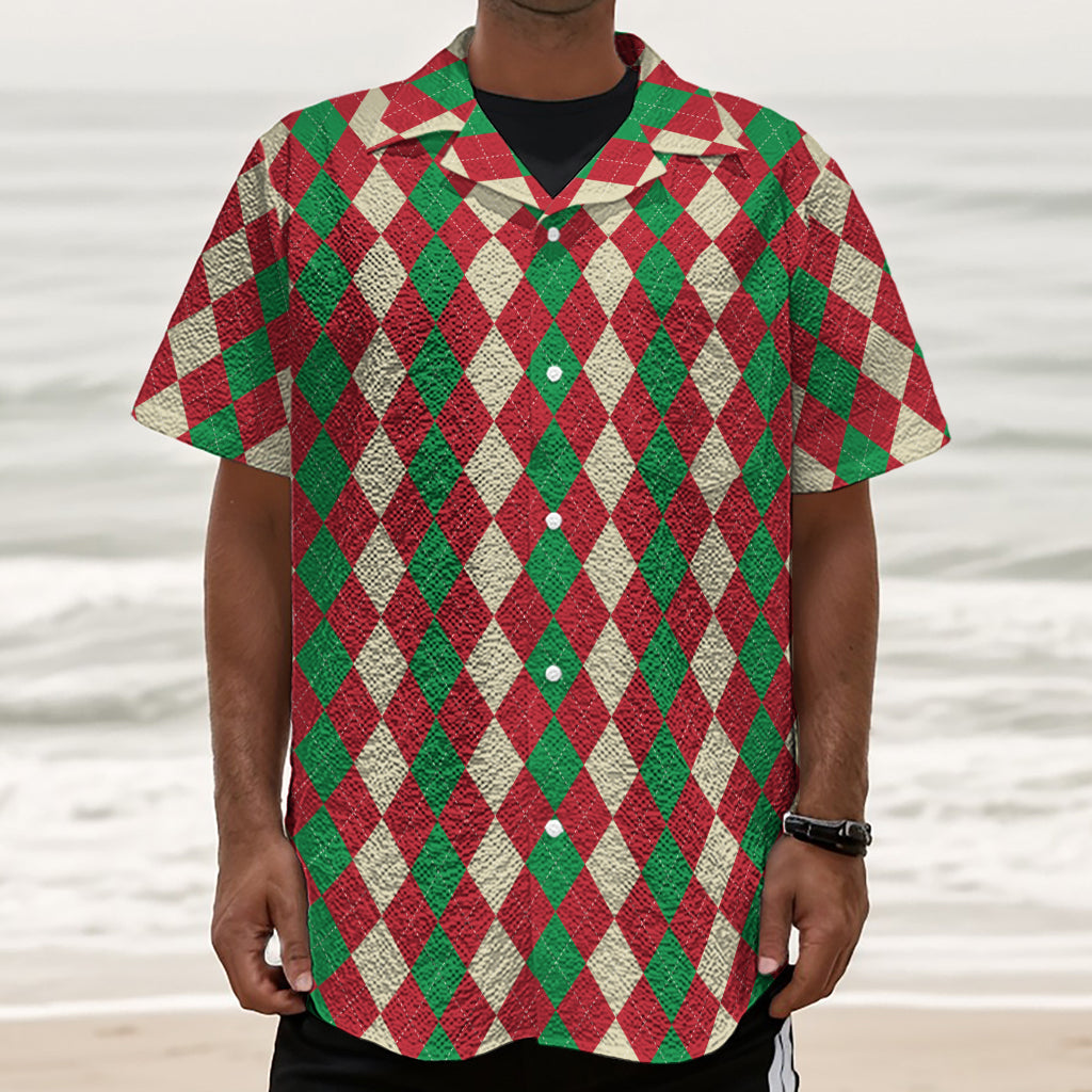 Christmas Themed Argyle Pattern Print Textured Short Sleeve Shirt