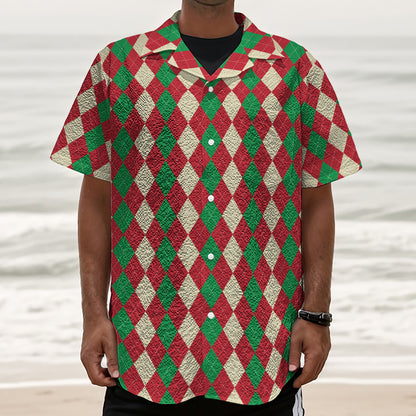 Christmas Themed Argyle Pattern Print Textured Short Sleeve Shirt