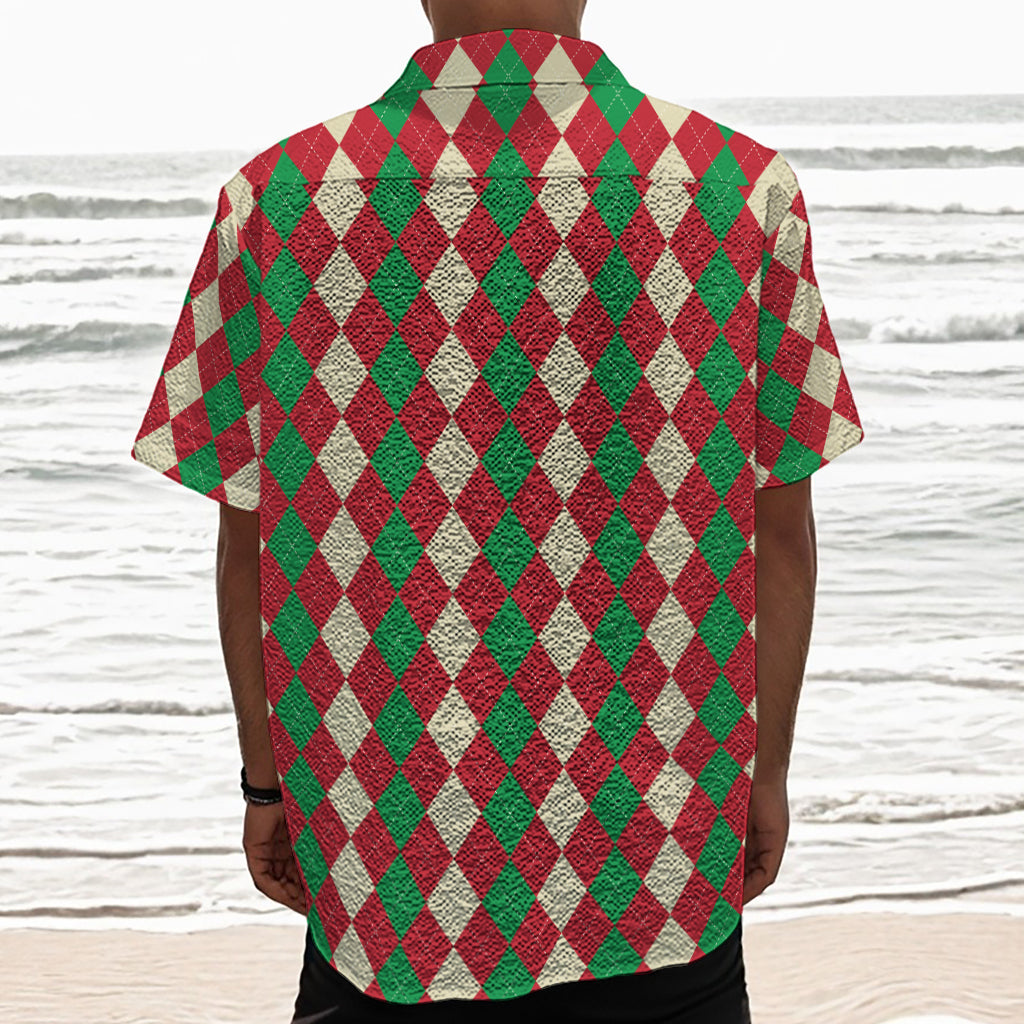 Christmas Themed Argyle Pattern Print Textured Short Sleeve Shirt