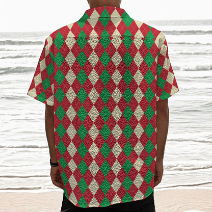 Christmas Themed Argyle Pattern Print Textured Short Sleeve Shirt